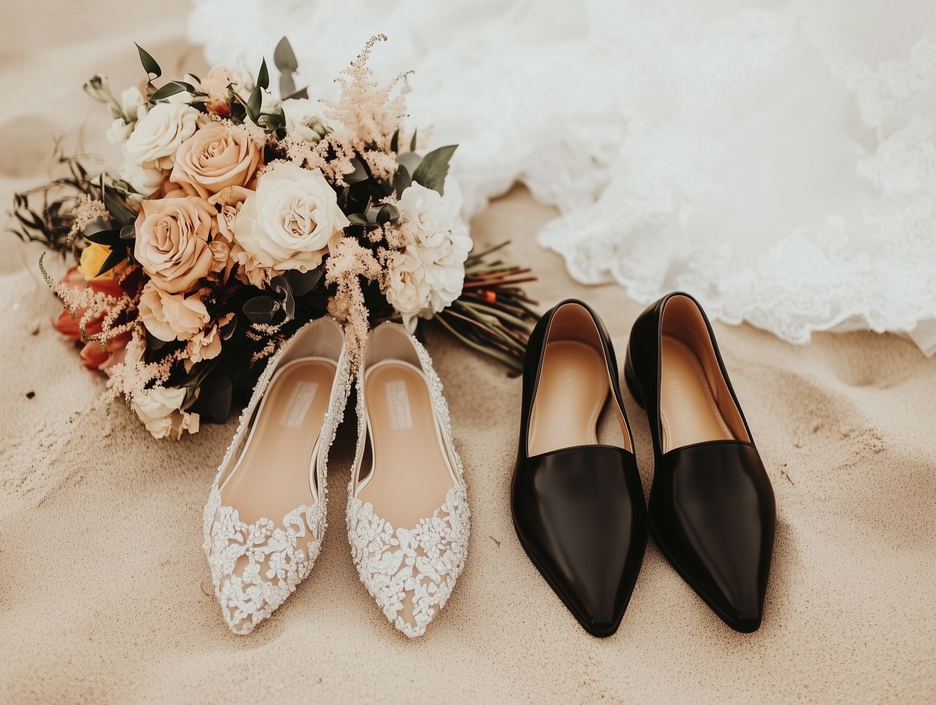 Wedding flowers and the couple's shoes